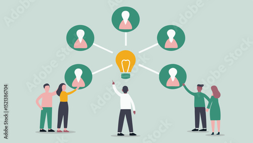 People connected to a central idea represented by a lightbulb in a network diagram setting