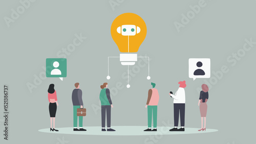 Group of people standing under a lightbulb with a robot face discussing ideas and networking together