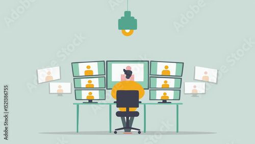 Person sitting at a desk with multiple monitors displaying video conference participants in a video call setup