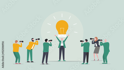 People looking through binoculars at a person holding a lightbulb in the center of the group