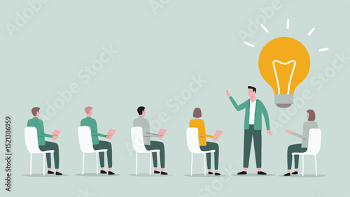 Presentation with a speaker and an audience under a light bulb representing a new idea or innovation
