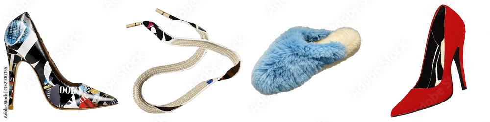 PNG Colorful footwear collage featuring heels sandals and a slipper. PNG Colorful footwear collage featuring heels sandals and a slipper.