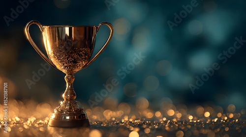 Winner trophy shining brightly on a glitter surface with dramatic lighting and dark bokeh background