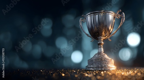 Winner trophy shining brightly on a glitter surface with dramatic lighting and dark bokeh background