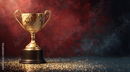 Winner trophy shining brightly on a glitter surface with dramatic lighting and dark bokeh background