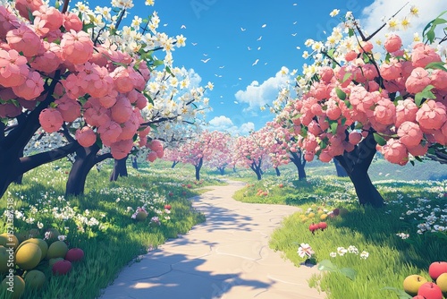 Serene orchard with blossoming fruit trees and a clear sky.