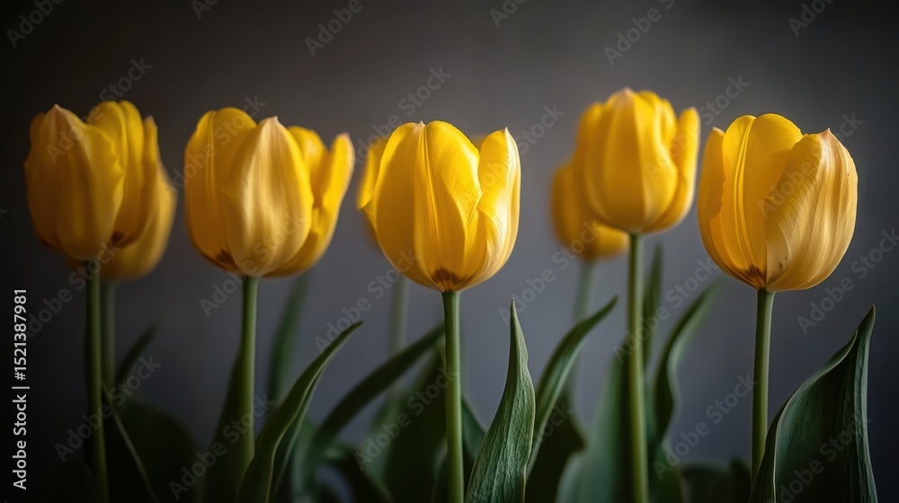 Obraz premium A group of vibrant yellow tulips against a dark background.