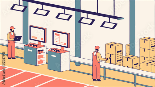 Illustration of a factory setting with workers inspecting boxes and using computers near a conveyor belt
