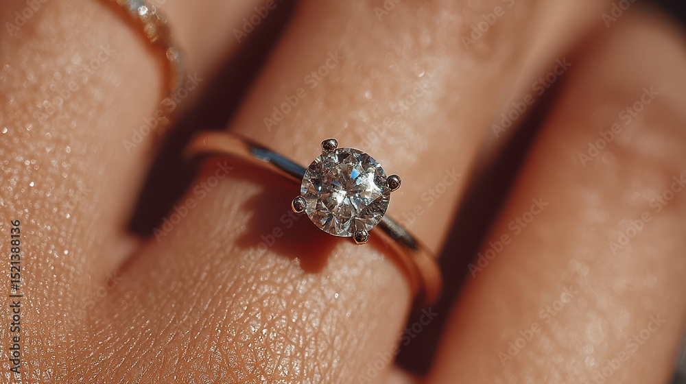 Obraz premium Brilliant diamond engagement ring displayed on a hand in natural sunlight showcasing its elegance