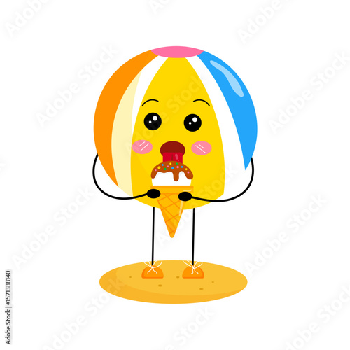 Colorful cartoon beach ball character eating an ice cream cone on sand. Summer vector illustration in flat style, isolated on white.