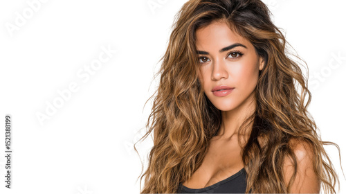 Studio shot featuring a beautiful latina model with long, wavy, bronze toned hair, dressed in a simple black outfit against a transparent background, perfect for fashion and beauty projects