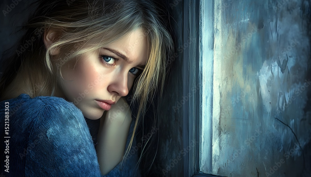 Fototapeta premium Pensive young woman gazing out a window.