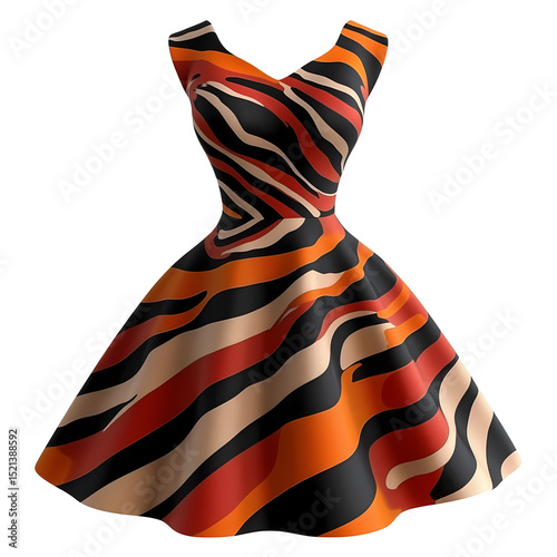 Vividly designed dress featuring an eye-catching pattern of waves, showcasing bold colors and a flattering silhouette.