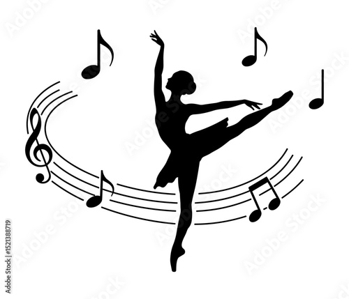 Silhouette of a ballerina gracefully posed with floating music notes around, symbolizing elegance, rhythm, and dance in a simple black artwork.