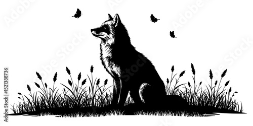 Black and white drawing of a fox sitting calmly in tall grass, highlighting natural posture and wilderness in simple line illustration style.