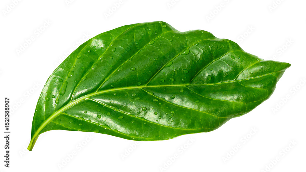 Obraz premium Water drops splashing on green leaf isolated on white background with clipping path. Noni indian mulberry leaf.