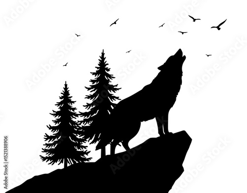 Silhouette of a wolf howling atop a mountain, depicted in vector art style against a simple background. Minimalist wildlife design capturing wild nature and mountain spirit.


