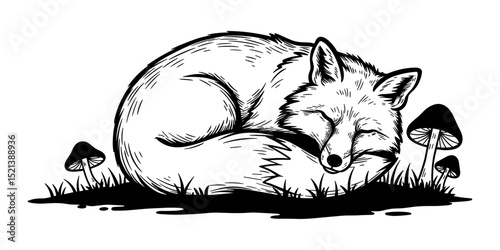 Black and white vector silhouette of a sleeping fox, showcasing its curled body and peaceful expression. Minimalist wildlife design capturing calm rest on a clean white background.

