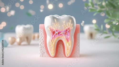 Dental anatomy cross section showcasing healthy roots and nerve structure with sparkling light effects, concept of periodontal health and oral hygiene for health website or brochure