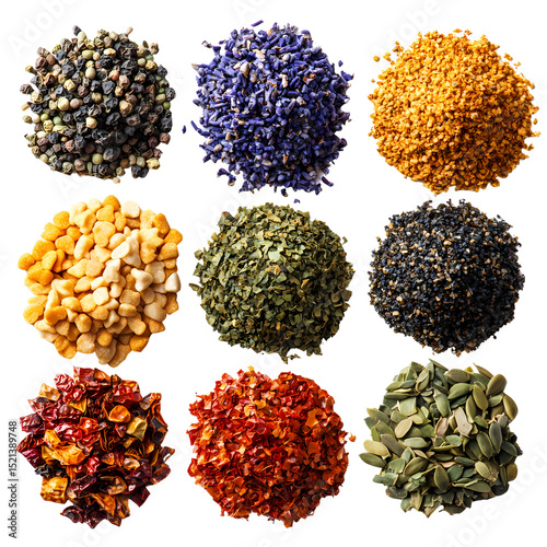 A vibrant collection of various spices arranged in colorful piles, showcasing texture and diversity. Perfect for culinary inspiration.