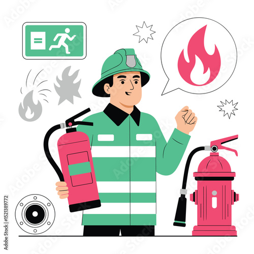 Green Firefighter with Fire Safety Icons