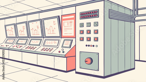 Illustration of a control room with multiple monitors displaying graphs and a large control panel system