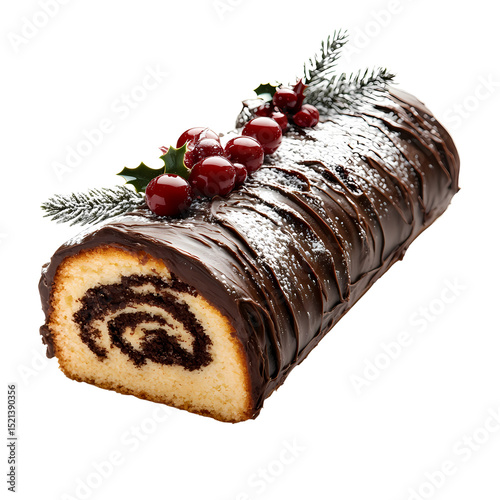 Indulge in a delightful chocolate yule log cake, beautifully decorated with berries and evergreen, perfect for any festive occasion.