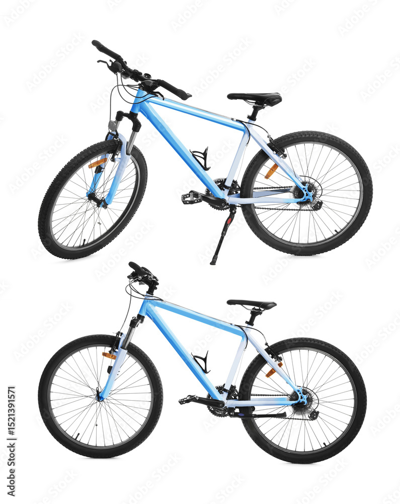 Fototapeta premium Color bicycle on white background, collage. View from different sides