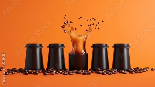 4 coffee capsule with a dramatic coffee emerging from them set against an orange background 