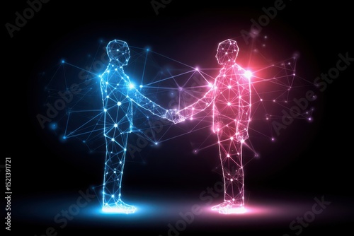 Networking Concepts for Business Success. Two digital human figures made of glowing lines and points shake hands in a virtual, futuristic environment.