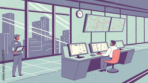 Illustration of a security control room with monitors showing maps and a security guard holding a tablet looking out