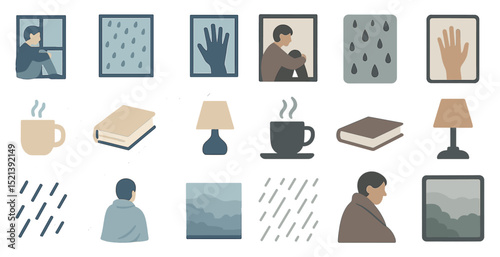 Cozy indoor scenes with rainy weather and relaxing home activities