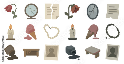 Melancholic symbols: broken clocks, faded roses, and melting candles for design inspiration