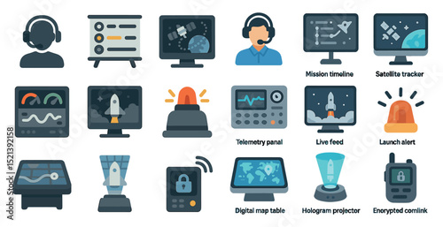 Space operations interface with control icons and digital displays for mission management