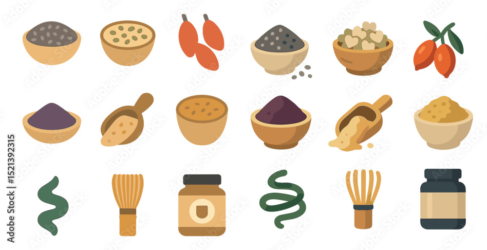 Assorted superfoods and ingredients for healthy eating and culinary uses Assorted superfoods and ingredients for healthy eating and culinary uses