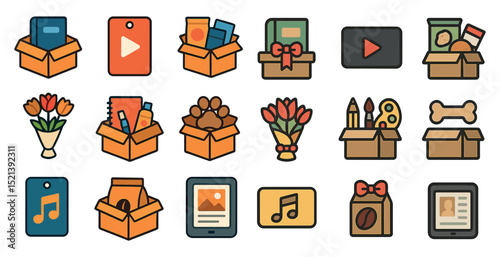 Colorful icons of gift boxes, digital devices, and floral arrangements