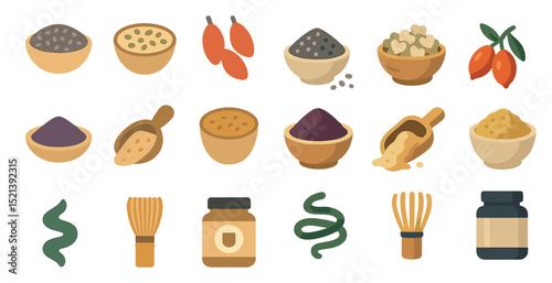 Assorted superfoods and ingredients for healthy eating and culinary uses