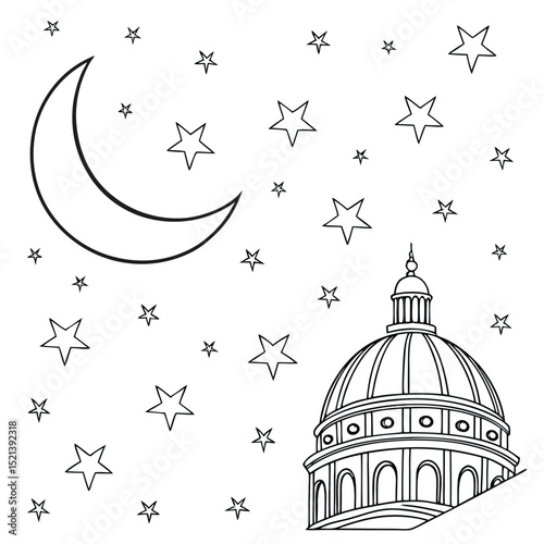 Black and white illustration featuring a crescent moon stars and a domed building at night