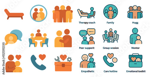 Mental health support icons for therapy and emotional wellbeing resources