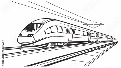 A detailed line drawing of a high speed train on tracks with overhead power lines in black and white style
