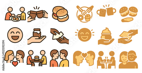 Culinary and relationship icons for celebrations and social gatherings design