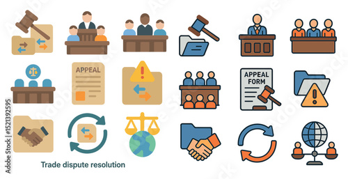 Trade dispute resolution concept with legal and appeal icons for legal presentations