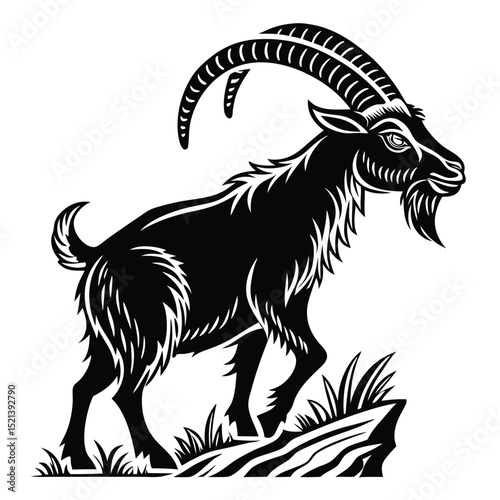 Black and white stylized illustration of a majestic goat standing on a rocky outcrop