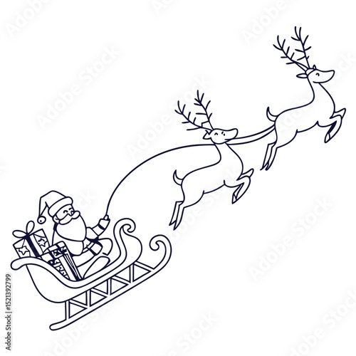 Black and white outline of santa claus in his sleigh being pulled by reindeer