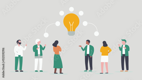 Group of people standing under a lightbulb representing idea generation and collaborative brainstorming concept