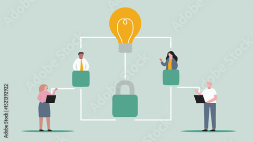 People connected to an idea and security, representing collaboration and data protection concept