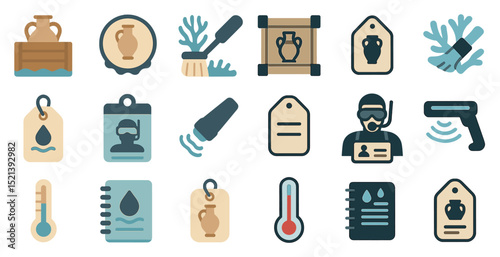 Diverse icons for water and pottery concepts in digital design