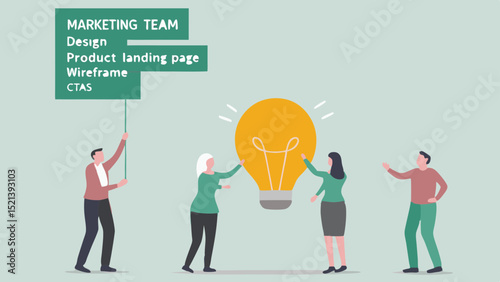 Marketing team brainstorms ideas with design product landing page wireframe and ctas for business success