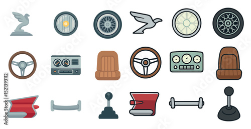 Vintage car parts and accessories collection for retro design projects