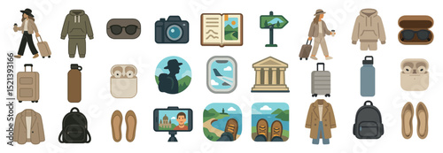 Travel essentials and adventure icons for journey concept and design